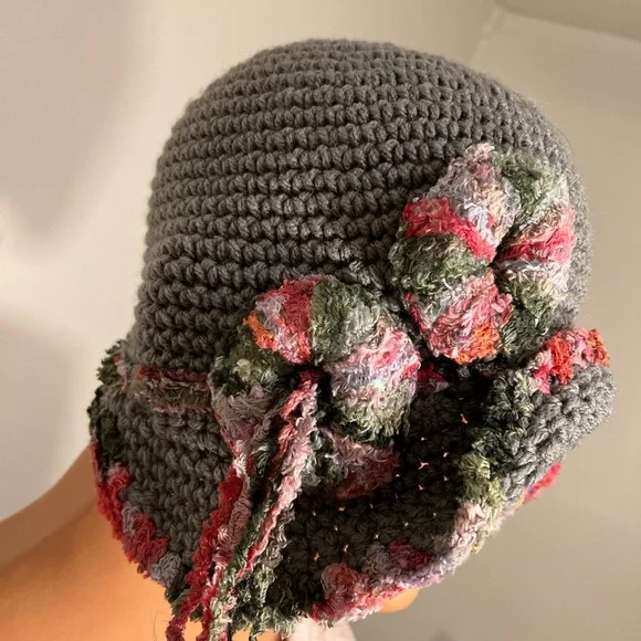 Gray Crochet Cloche Hat with Floral Accents